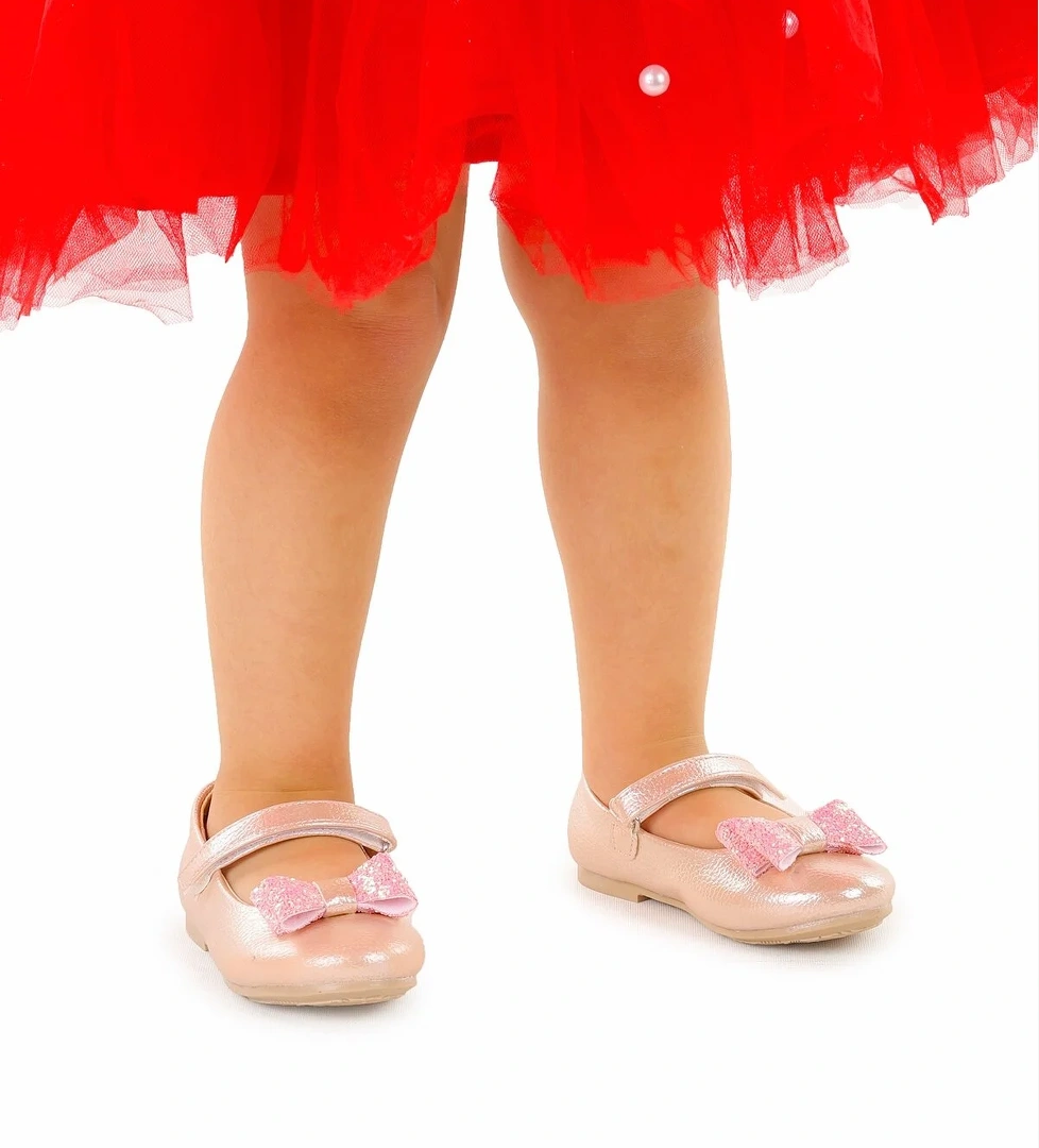 Cırtlı Fiyonklu Kız Çocuk Babet Ayakkabı Ege 200 Vakko Pudra - Görsel 1