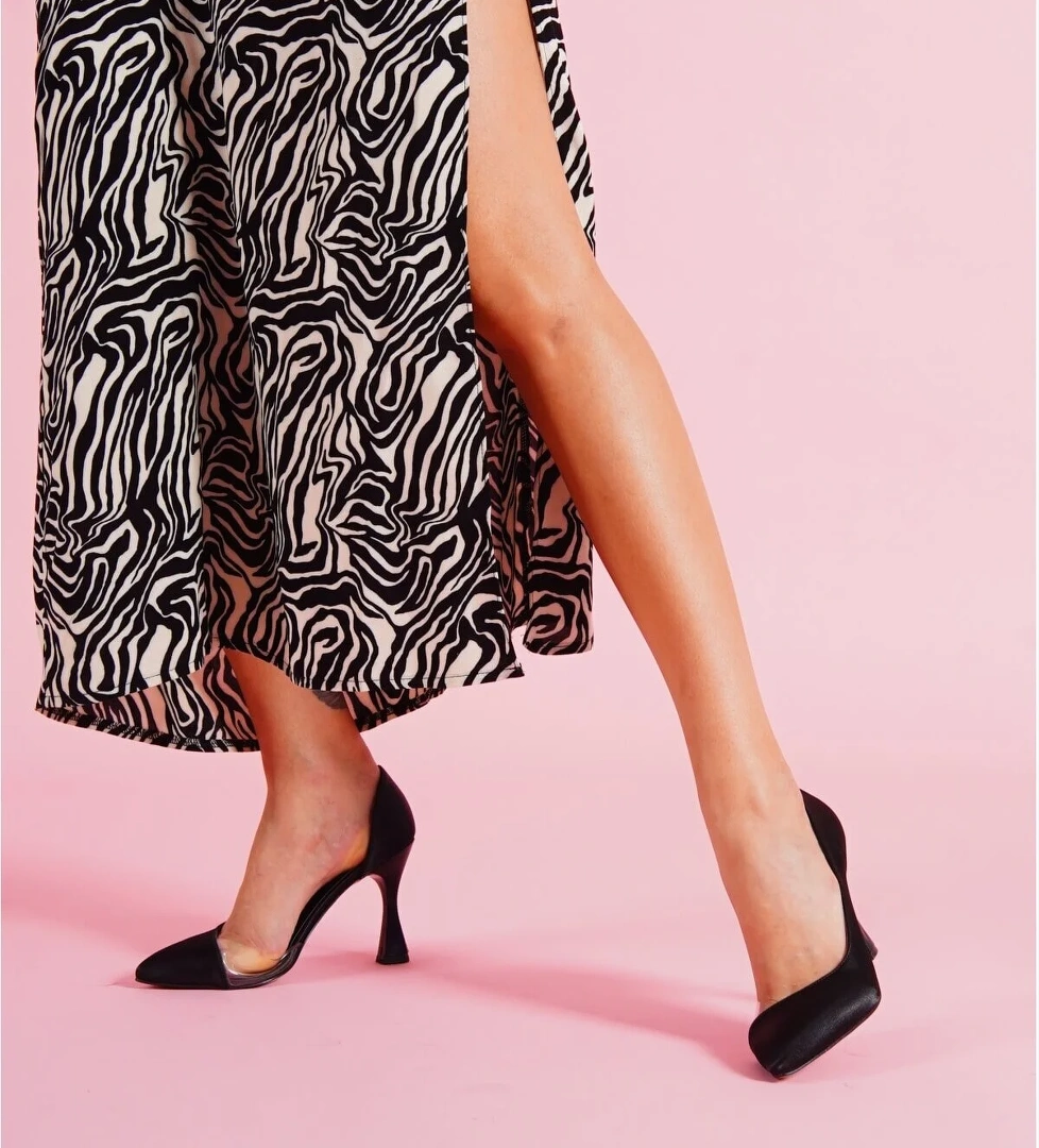 Violet Siyah Saten Burnu Şeffaf Detaylı Günlük Kullanım Stiletto