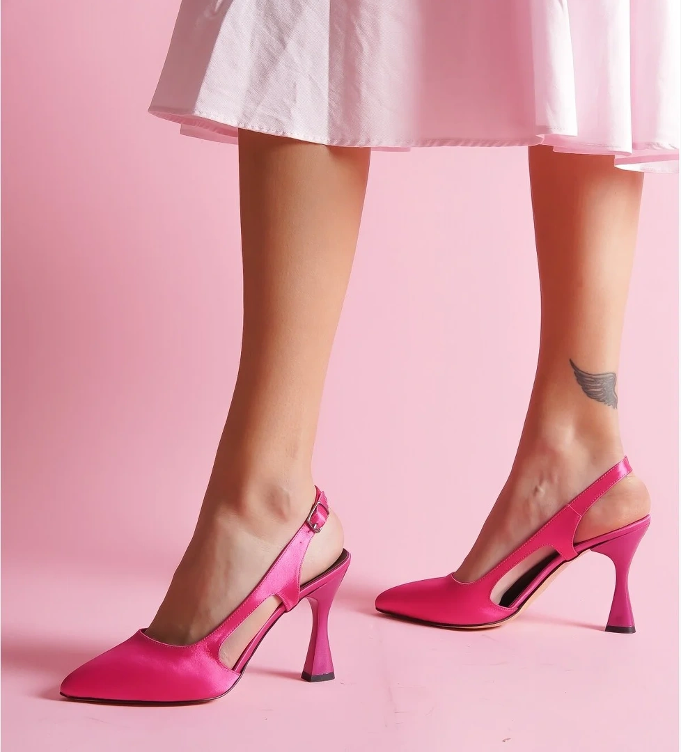 Duck Fuşya Saten Yanları Açık Topuklu Ayakkabı