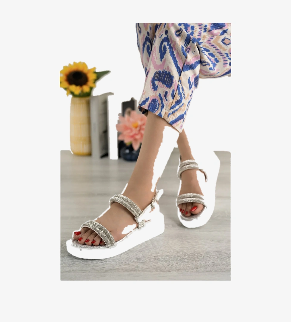 Kadın Garantili Çok Hafif Rahat 4 cm Yüksek Eva Taban Platform Taşlı Sandalet Gümüş - Görsel 1
