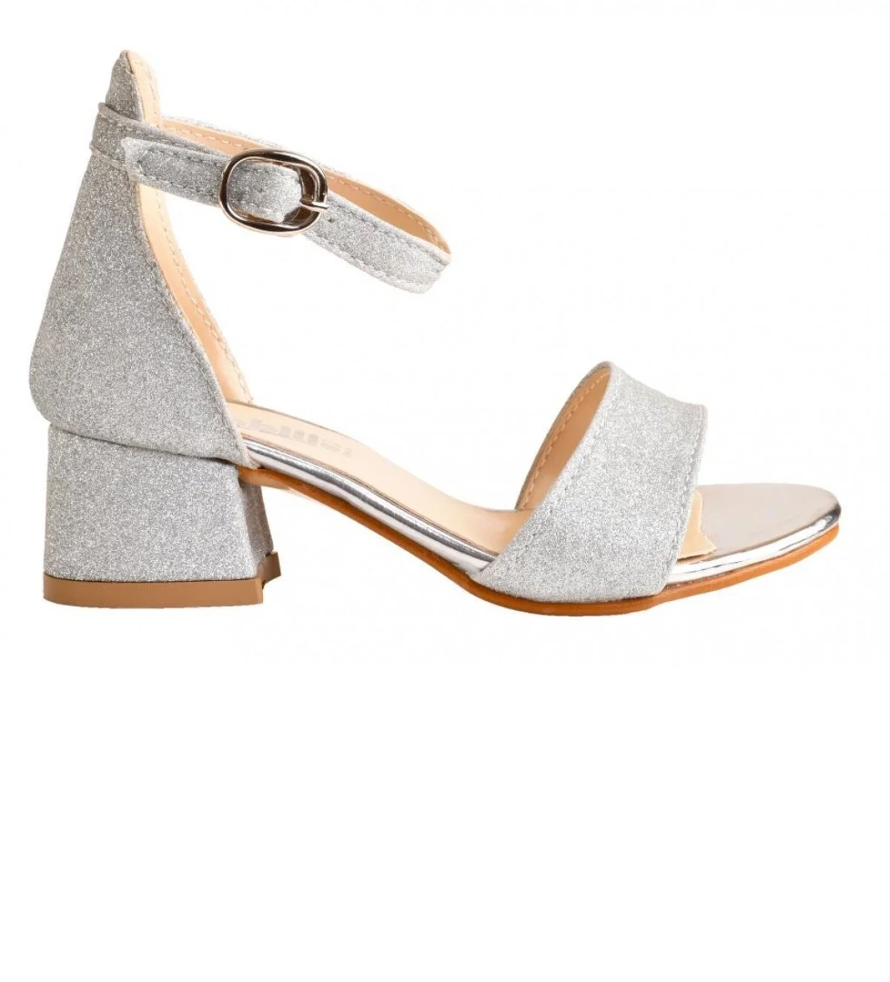 Genç Kız Çocuk Bilekten Bağlamalı Topuklu Simli Abiye Ayakkabı