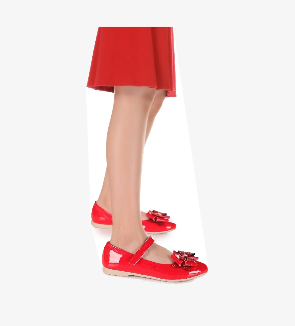 Silvery Rugan Cırtlı Kum Sim Fiyonklu Kız Çocuk Babet Ayakkabı Kırmızı - Görsel 1