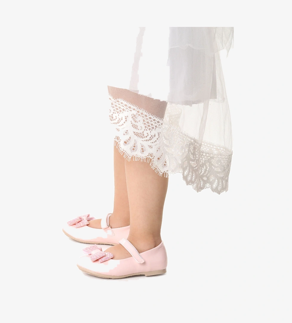 Babe Rugan Cırtlı Fiyonklu Kız Çocuk Babet Ayakkabı Pudra