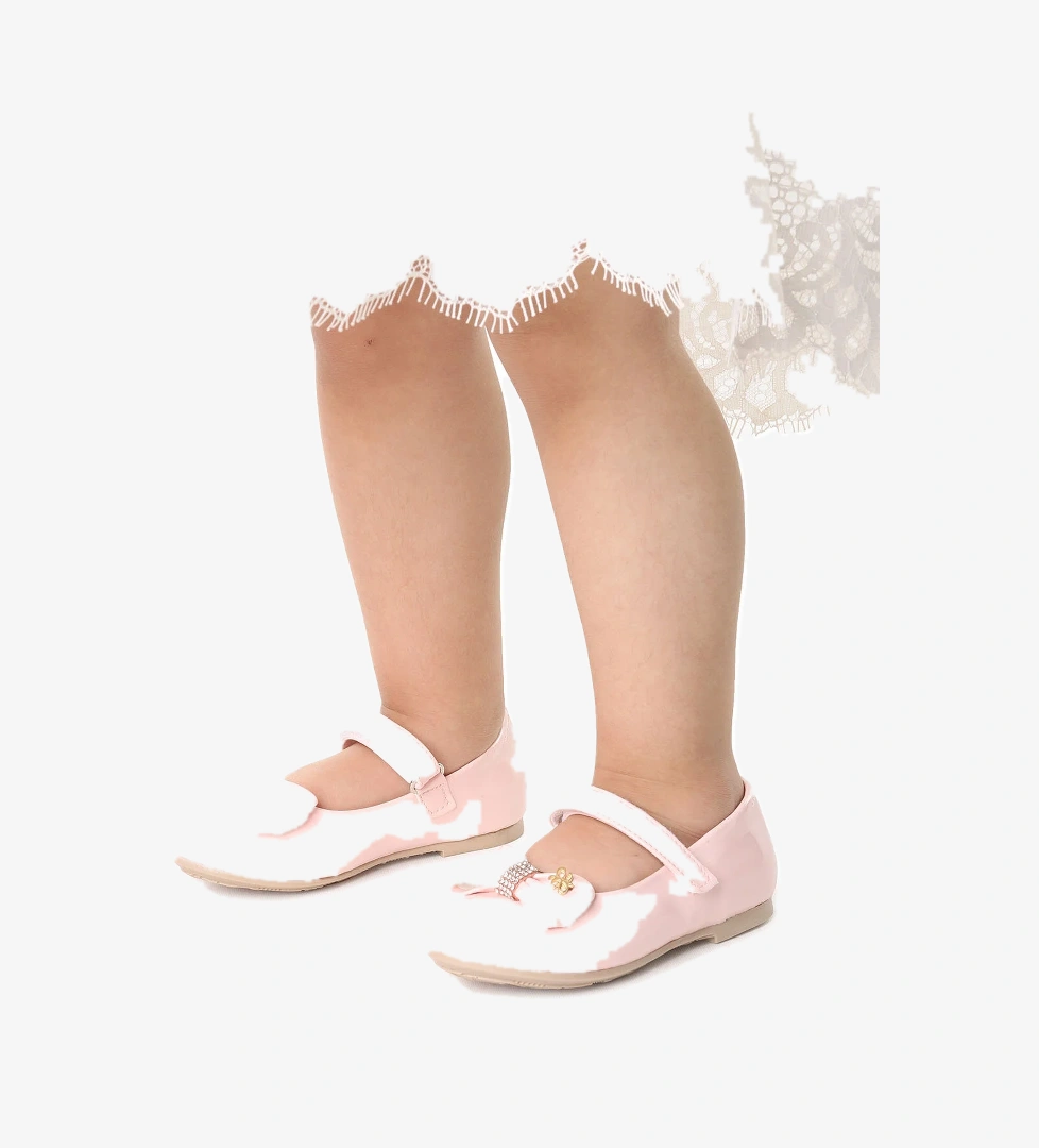 Withbow Rugan Cırtlı Fiyonklu Kız Çocuk Babet Ayakkabı Pudra