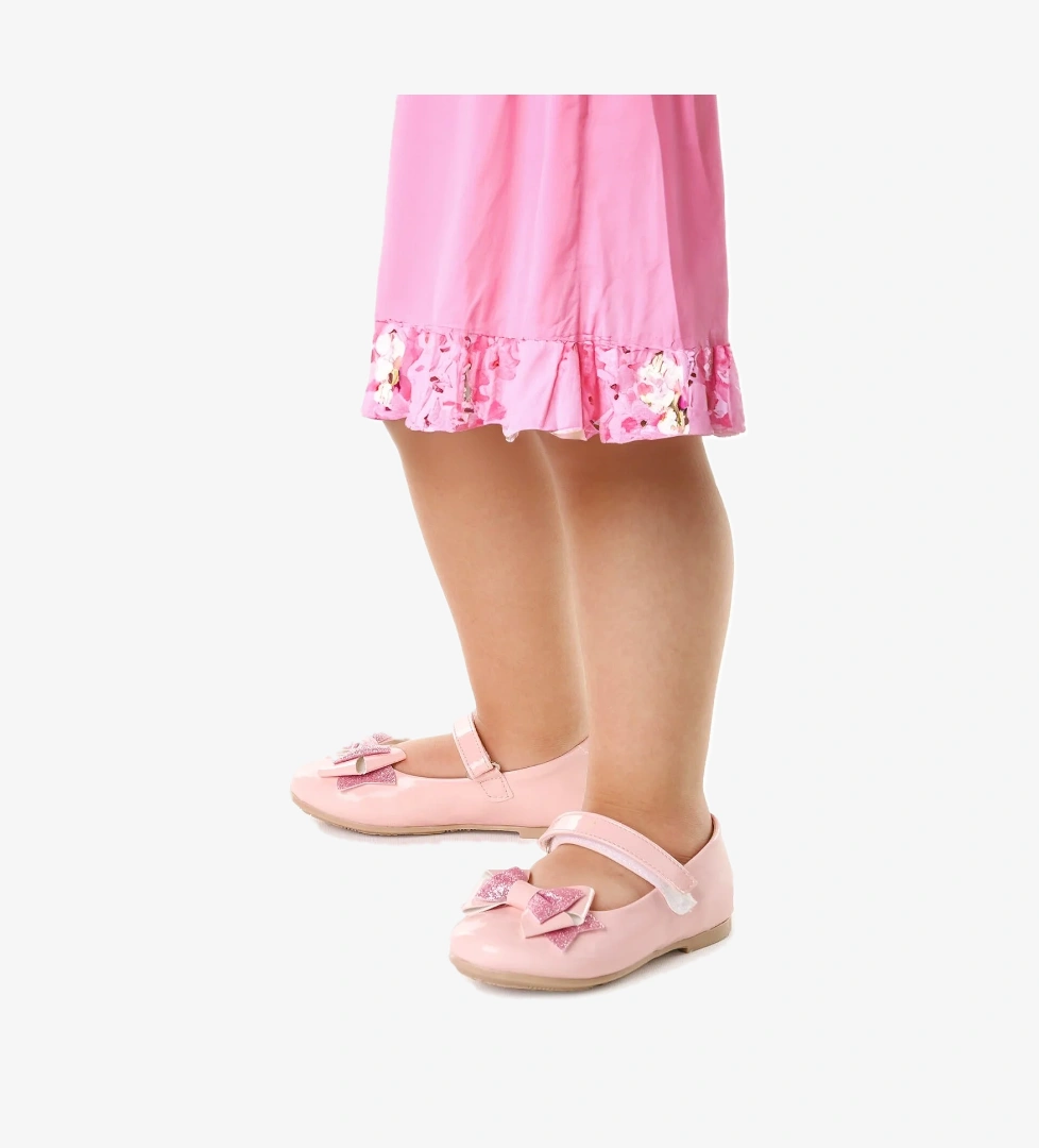 Silvery Rugan Cırtlı Kum Sim Fiyonklu Kız Çocuk Babet Ayakkabı Pembe