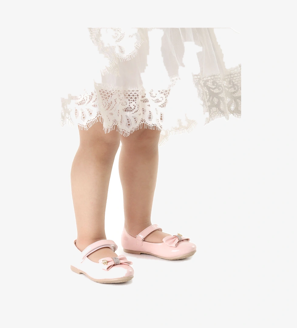 Cırtlı Fiyonklu Kız Çocuk Babet Ayakkabı Ege 201 Rugan Pudra - Görsel 1