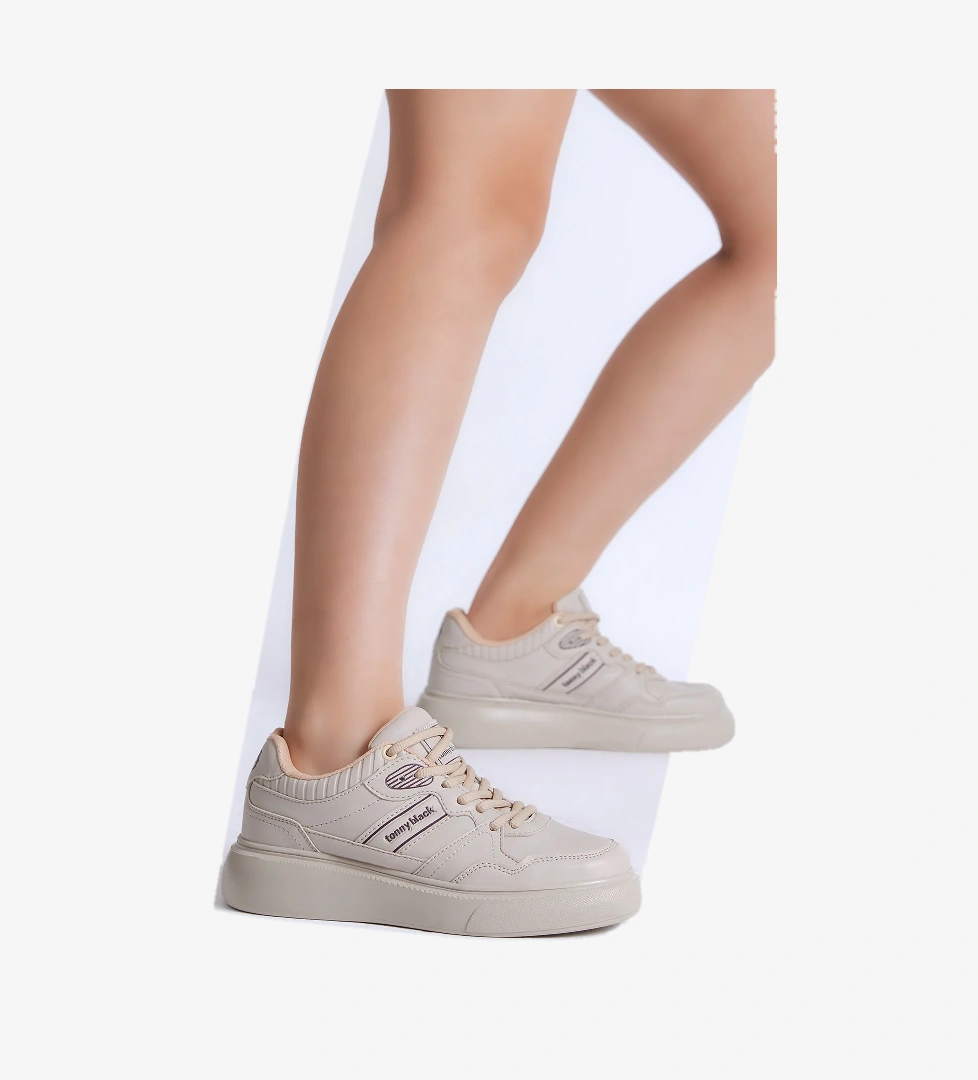 Tonny Black Kadın Bej Yüksek Poli Taban Yanı Şeritli Bağcıklı Spor Ayakkabı