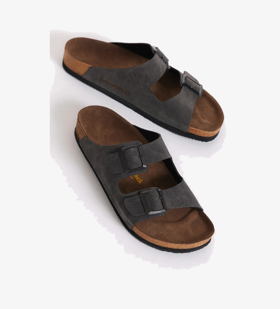 Unisex Füme Rahat Kalıp Poli Taban Çift Tokalı Nubuk Terlik