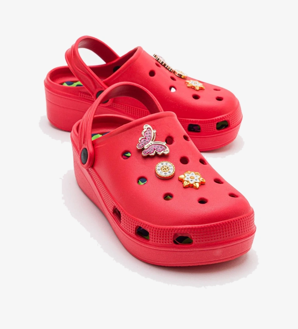 Aksesuarlı Kalın Taban Kadın Sabo Terlik KIRMIZI