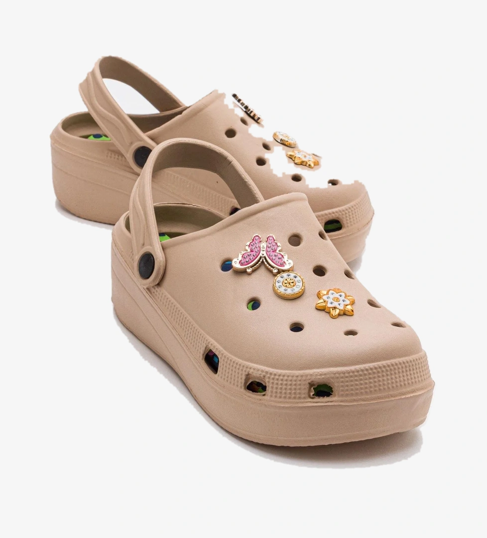 Aksesuarlı Kalın Taban Kadın Sabo Terlik BEJ - Görsel 1