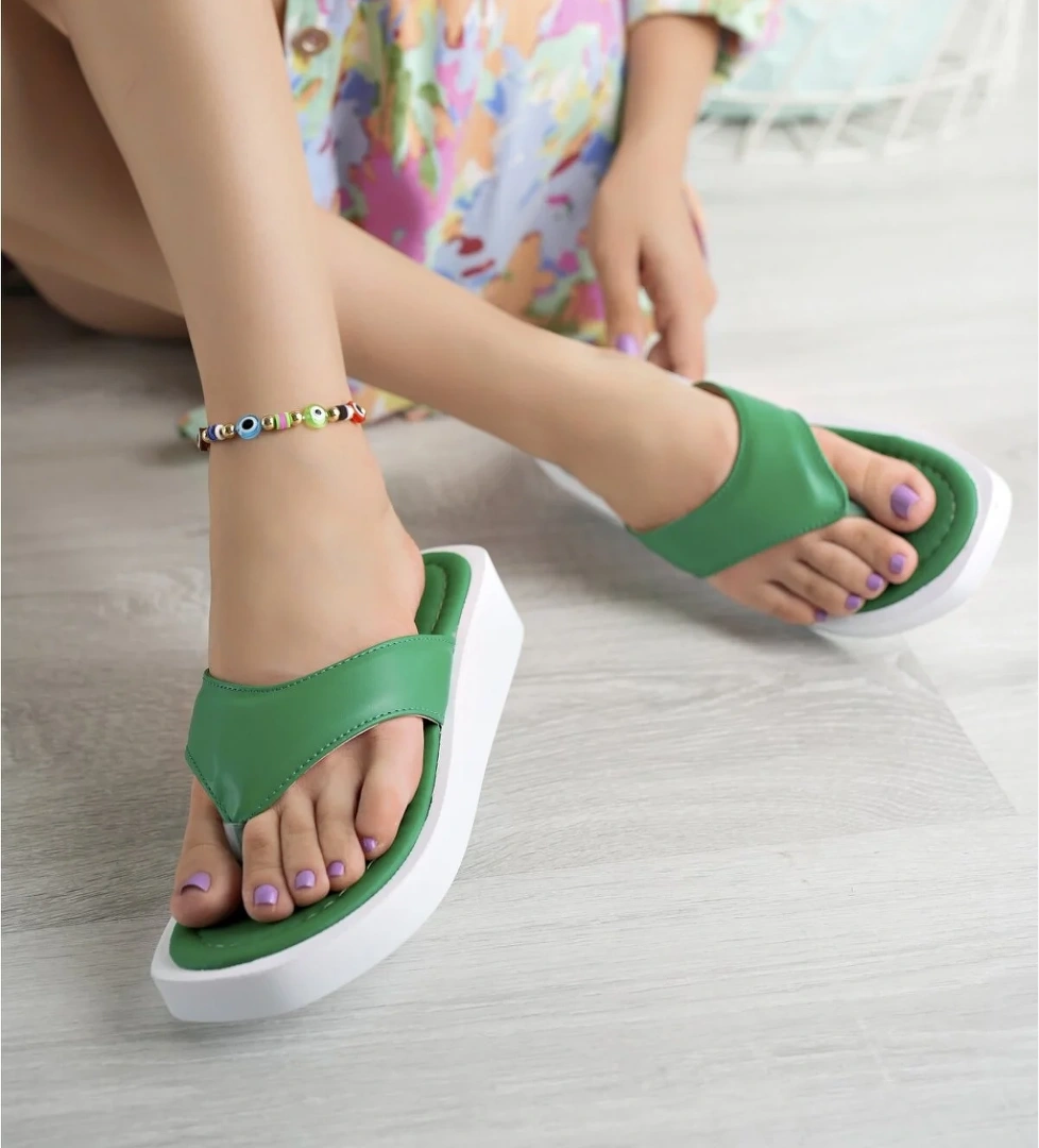 Kadın Garantili Hafif Esnek Poli Flatform Taban Parmak Arası Günlük Terlik PPL.5000 Yeşil