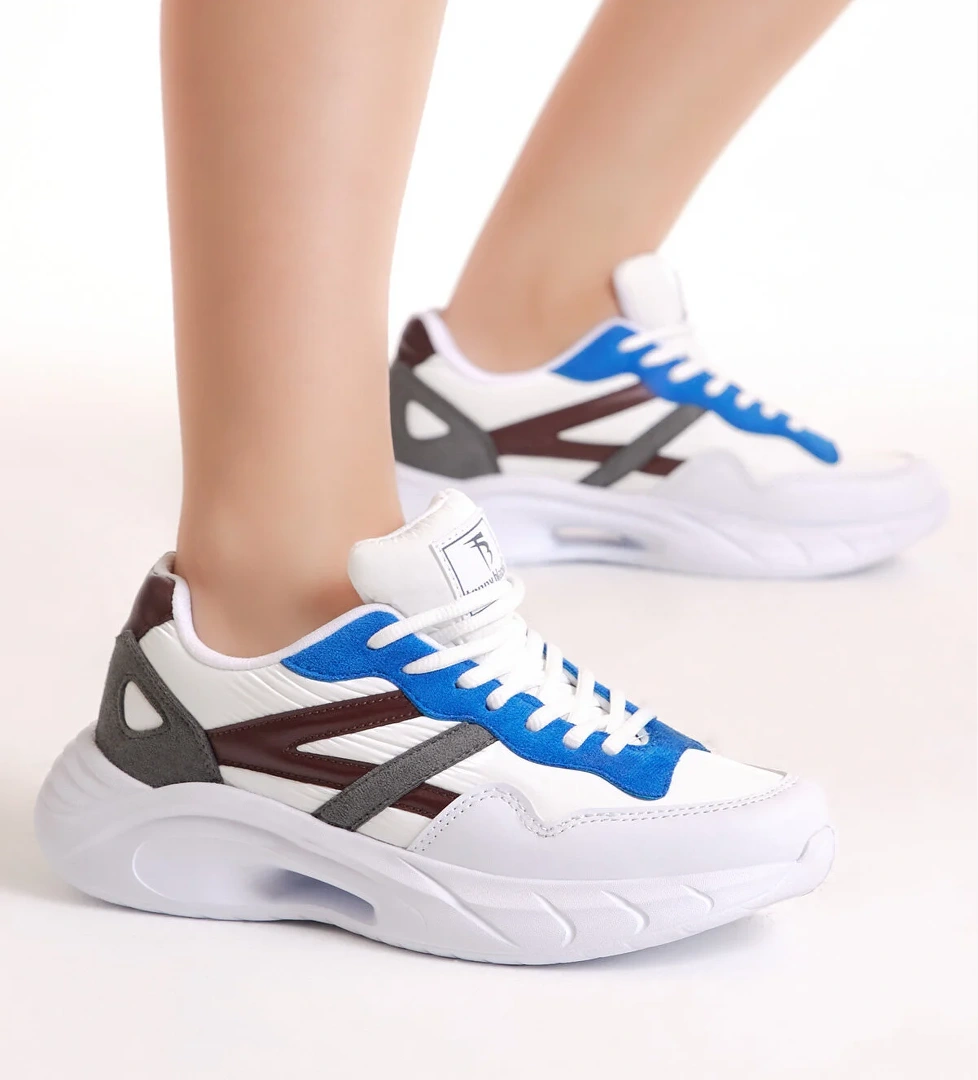 Kadın Beyaz Sax Faylon Taban Şeritli Bağcıklı Spor Ayakkabı