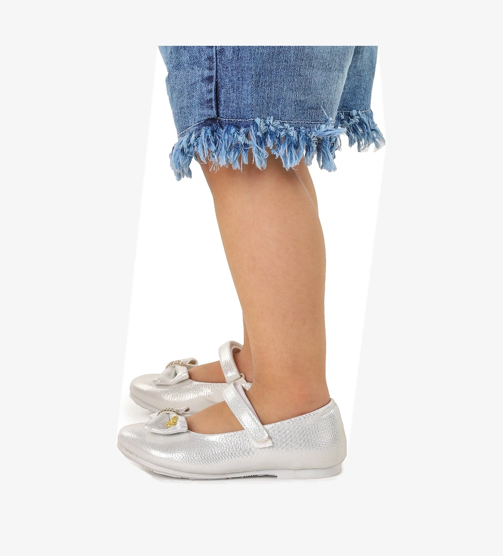 Withbow Vakko Cırtlı Fiyonklu Kız Çocuk Babet Ayakkabı Sedef