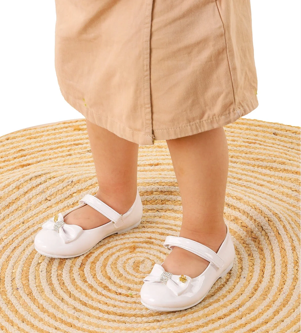 Withbow Rugan Cırtlı Fiyonklu Kız Çocuk Babet Ayakkabı Beyaz