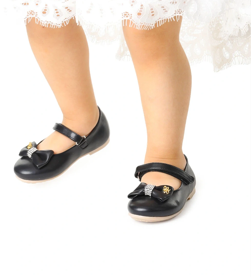 Cırtlı Fiyonklu Kız Çocuk Babet Ayakkabı Ege 201 Cilt Siyah