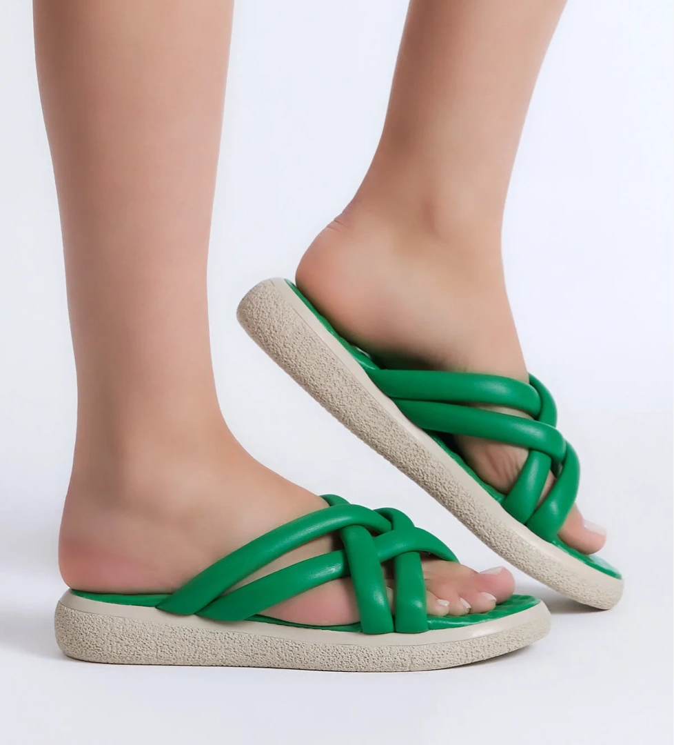 Kadın Yeşil Cilt Çapraz Çift Bantlı Terlik