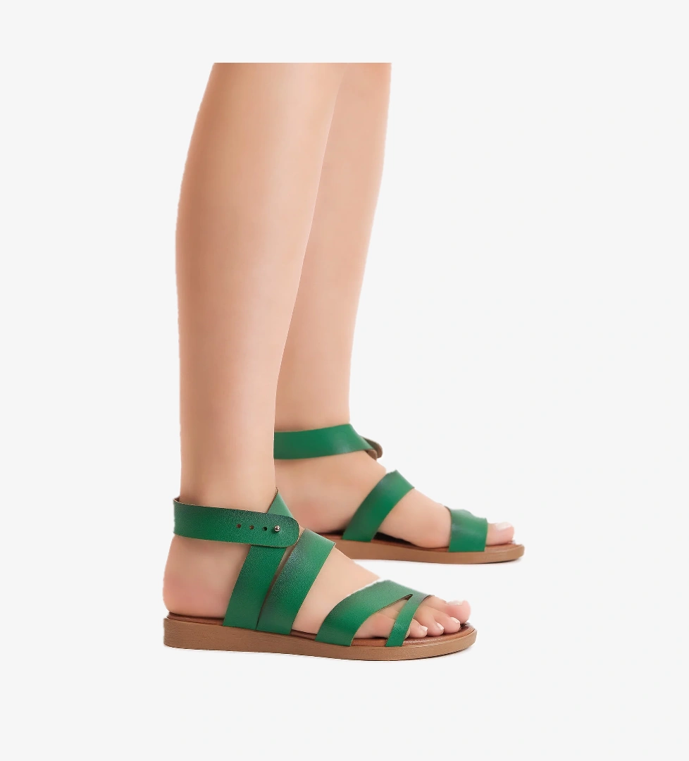 Kadın Çimen Yeşili Rahat Kalıp Çapraz Bantlı Sandalet