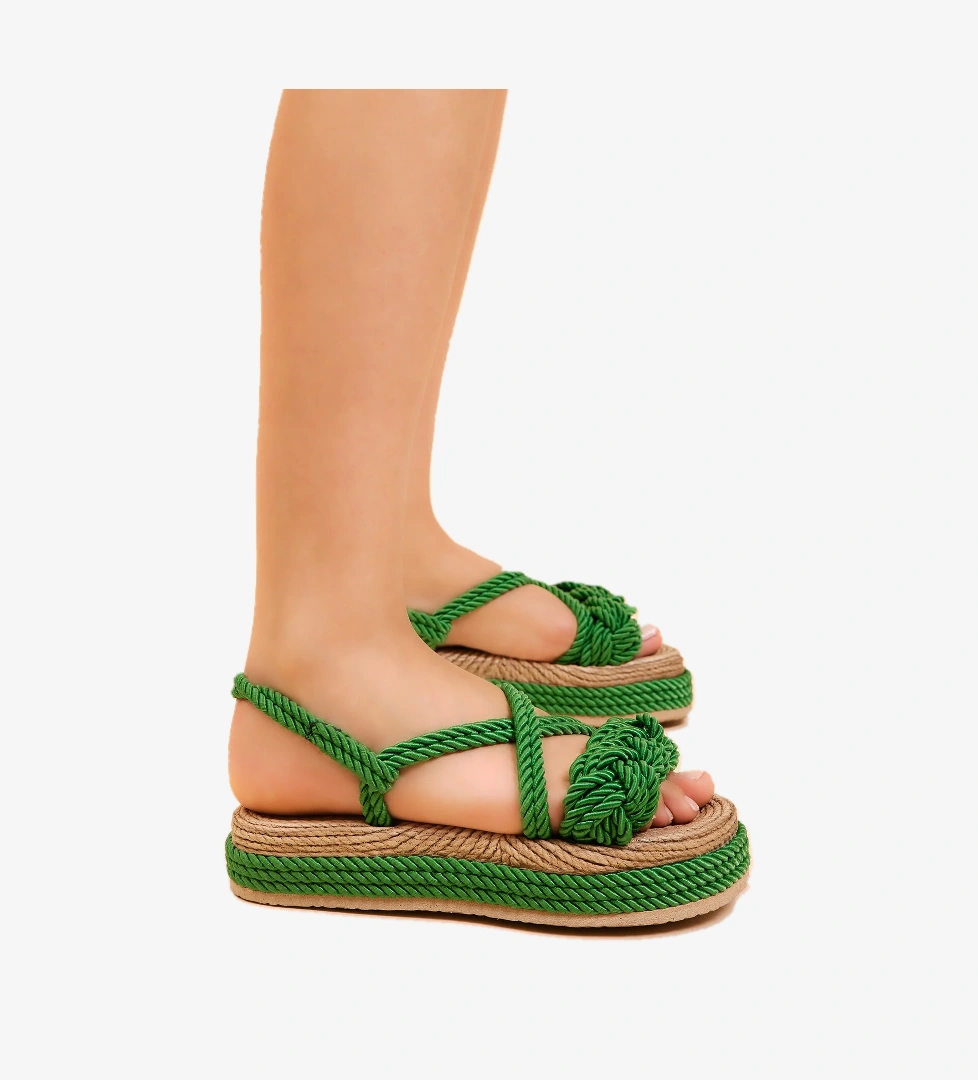 Kadın Çimen Yeşili Rahat Kalıp Sarmal Tek Bantlı Yüksek Taban Halat Sandalet - Görsel 1