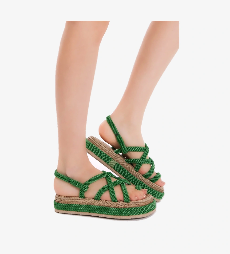 Kadın Çimen Yeşili Rahat Kalıp Çapraz Bantlı Yüksek Taban Parmak Arası Halat Sandalet - Görsel 1