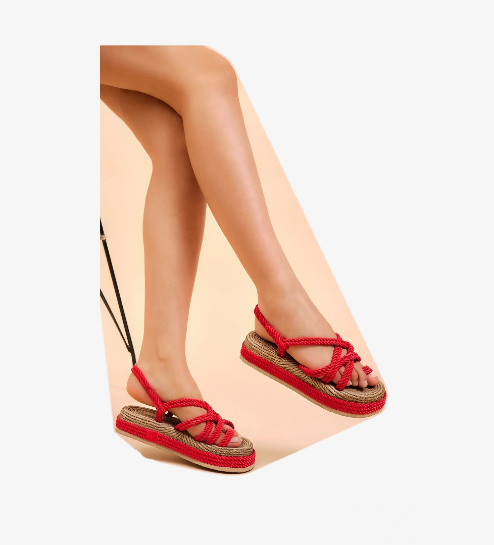 Kadın Kırmızı Rahat Kalıp Çapraz Bantlı Yüksek Taban Parmak Arası Halat Sandalet - Görsel 1