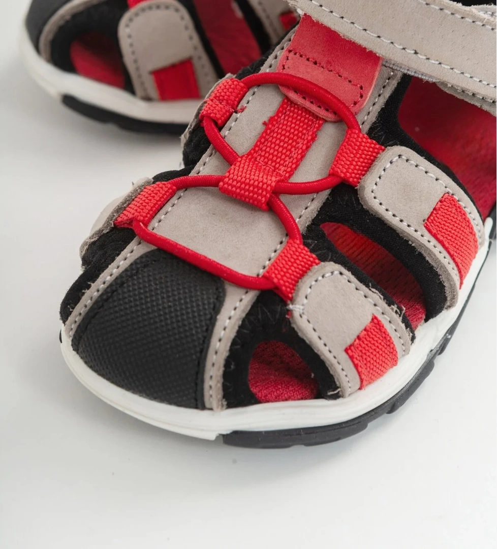 Unisex Çocuk Gri-Kırmızı Deri Ortopedik Outdoor Çocuk Sandalet