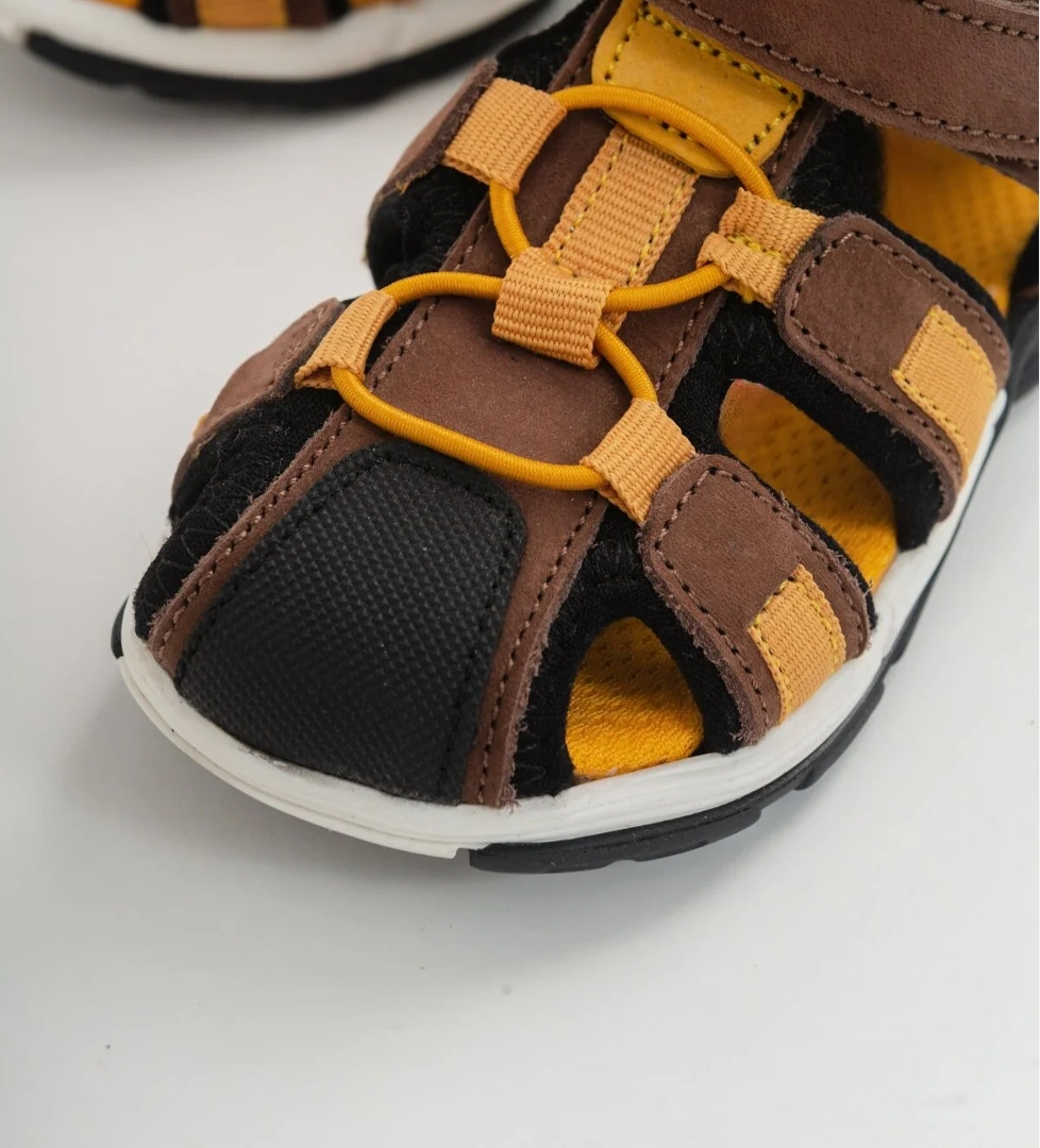 Unisex Çocuk Kahve-Sarı Deri Ortopedik Outdoor Çocuk Sandalet
