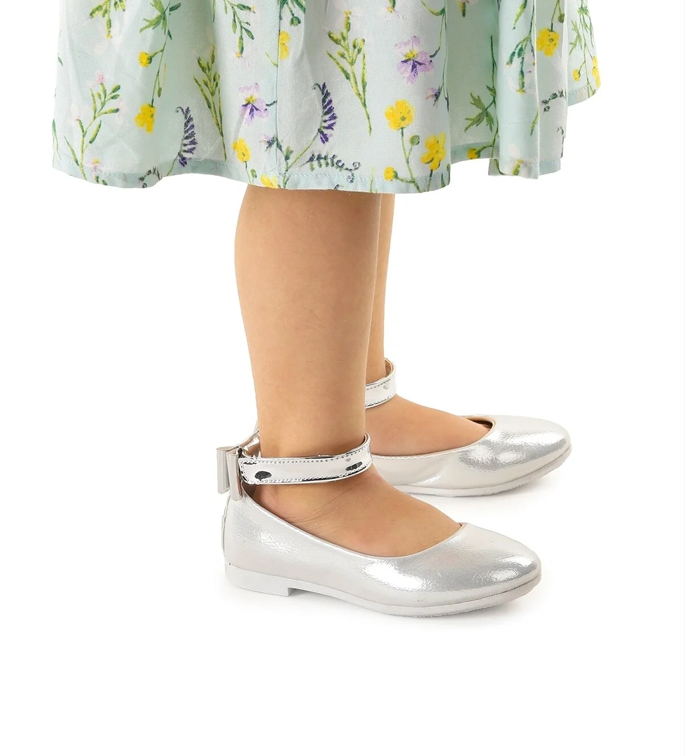 Ankle Vakko Cırtlı Kız Çocuk Fiyonklu Babet Ayakkabı Bilekten Bağlamalı Sedef