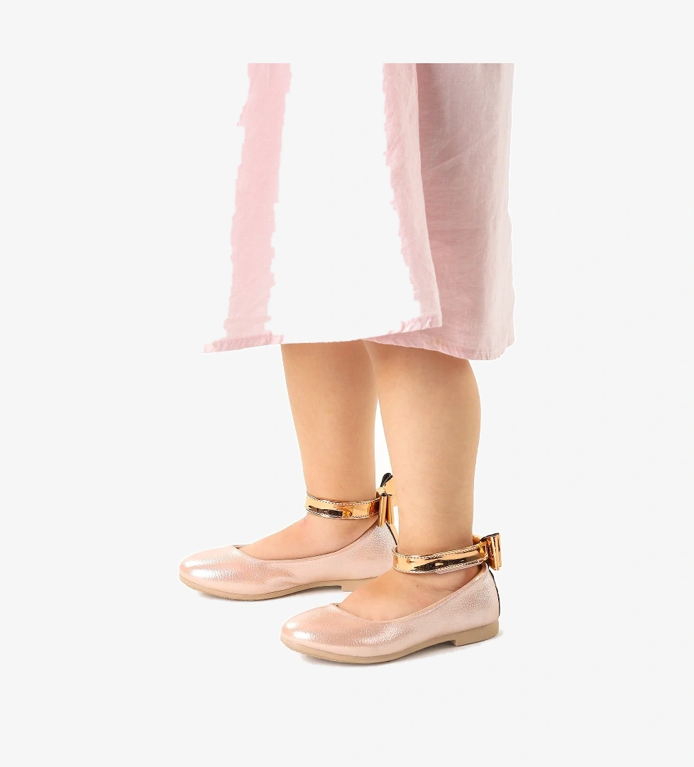 Ankle Vakko Cırtlı Kız Çocuk Fiyonklu Babet Ayakkabı Bilekten Bağlamalı Pudra