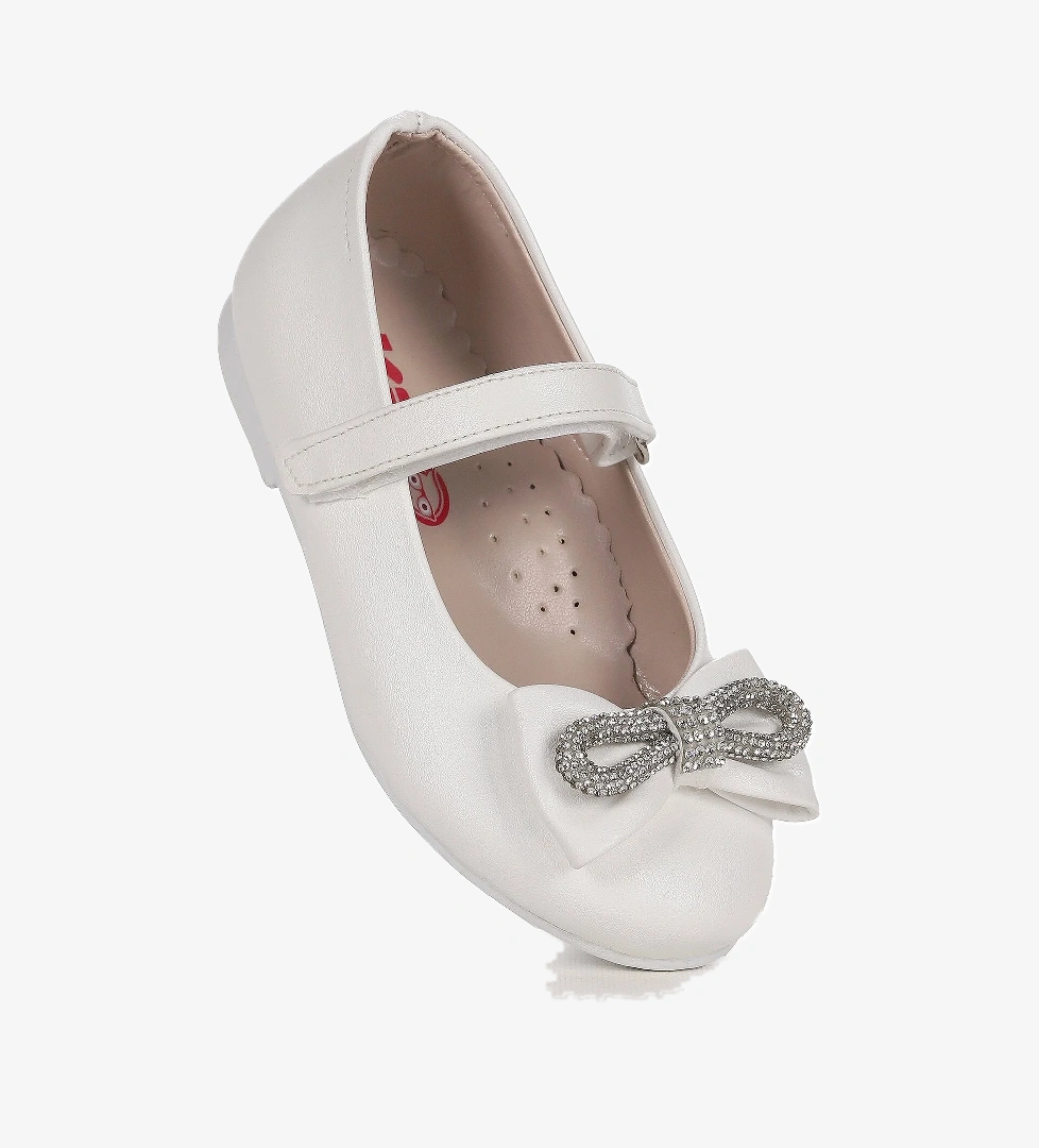 Bowtie Papyon Taşlı Cırtlı Kız Çocuk Babet Ayakkabı Beyaz