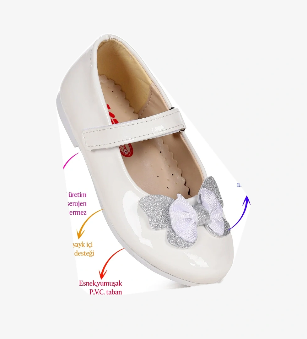 Taşlı Cırtlı Kız Çocuk Fiyonklu Babet Ayakkabı Ege 204 Rugan Beyaz