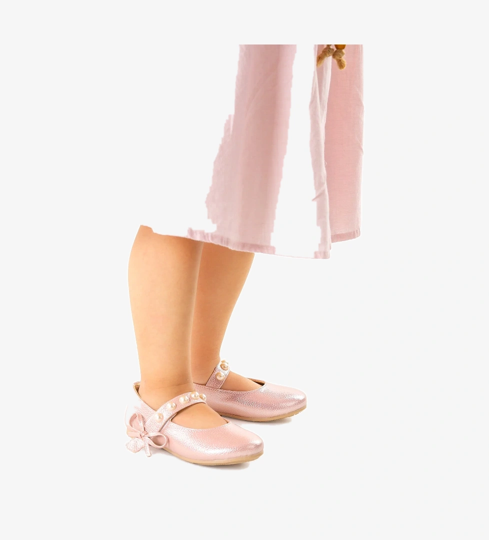 Bareti Vakko İncili Günlük Cırtlı Kız Çocuk Babet Ayakkabı Pudra