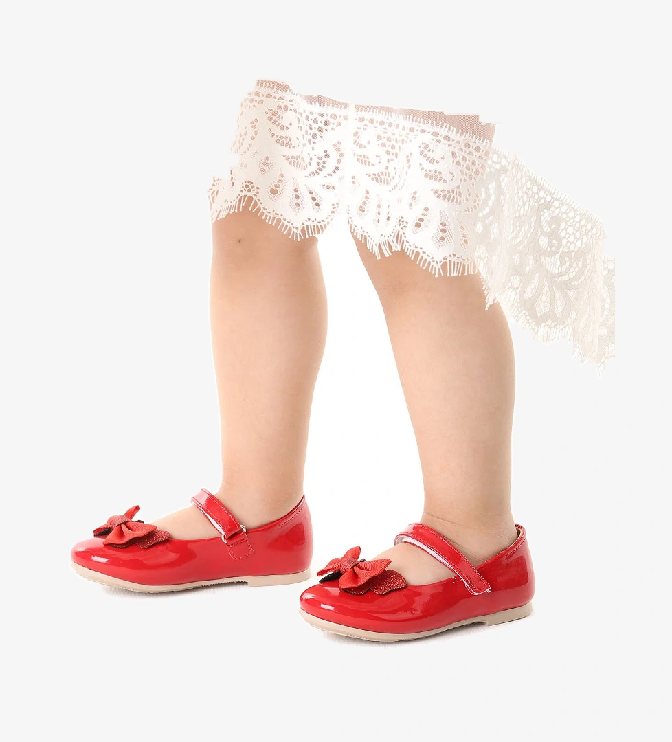 Taşlı Cırtlı Kız Çocuk Fiyonklu Babet Ayakkabı Ege 204 Rugan Kırmızı