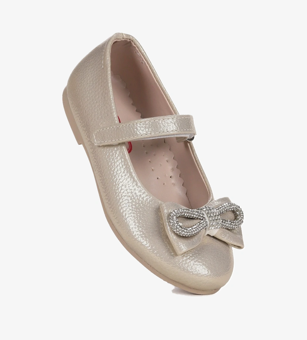 Bowtie Papyon Taşlı Cırtlı Kız Çocuk Babet Ayakkabı Altın