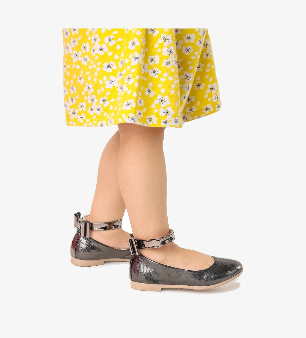 Ankle Vakko Cırtlı Kız Çocuk Fiyonklu Babet Ayakkabı Bilekten Bağlamalı Platin