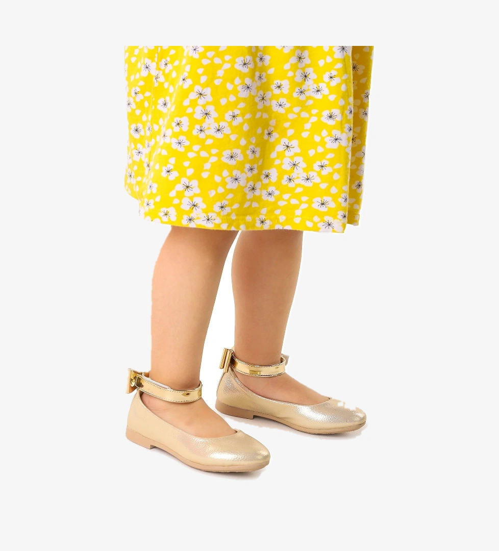 Ankle Vakko Cırtlı Kız Çocuk Fiyonklu Babet Ayakkabı Bilekten Bağlamalı Altın