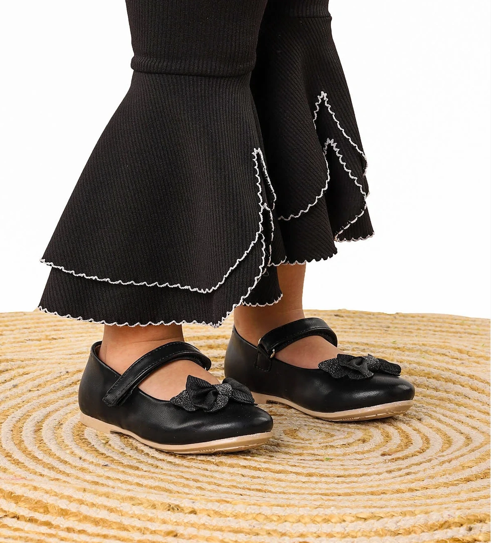 Taşlı Cırtlı Kız Çocuk Fiyonklu Babet Ayakkabı Ege 204 Cilt Siyah - Görsel 1