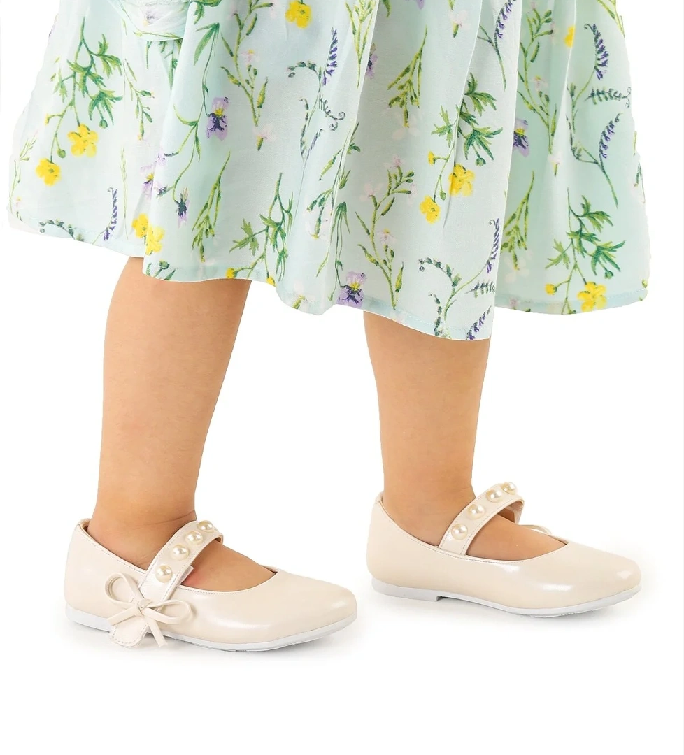 Bareti İncili Cırtlı Kız Çocuk Babet Ayakkabı Sedef