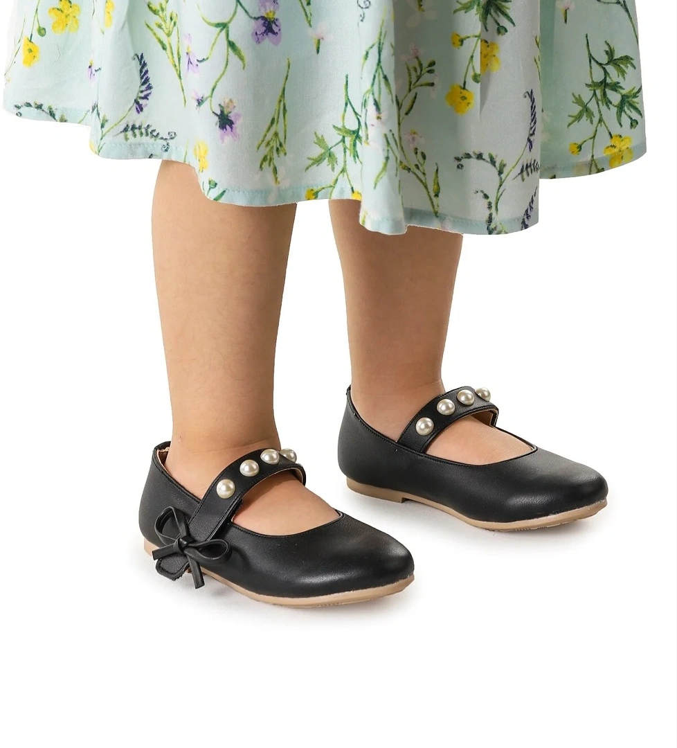 Bareti İncili Cırtlı Kız Çocuk Babet Ayakkabı Siyah - Görsel 1