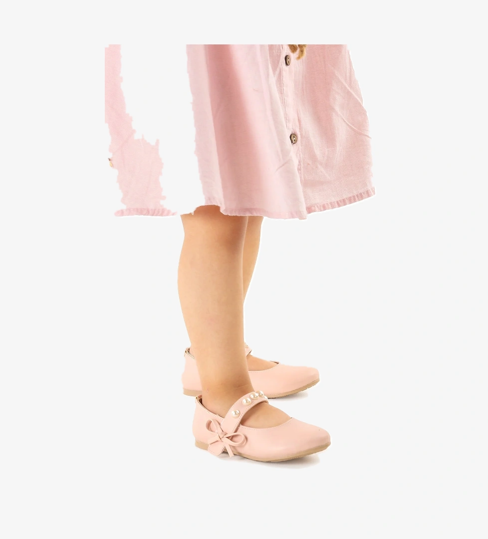 Bareti İncili Cırtlı Kız Çocuk Babet Ayakkabı Pudra