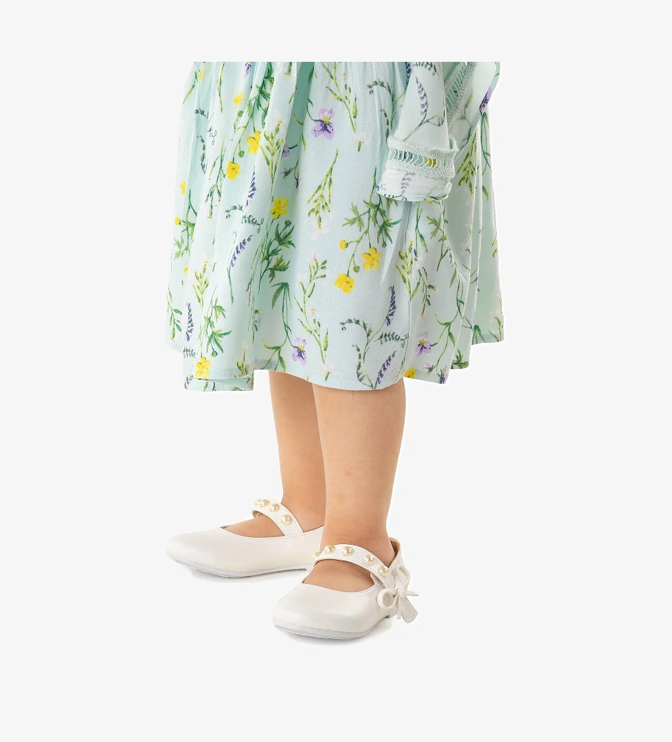 Bareti İncili Cırtlı Kız Çocuk Babet Ayakkabı Beyaz