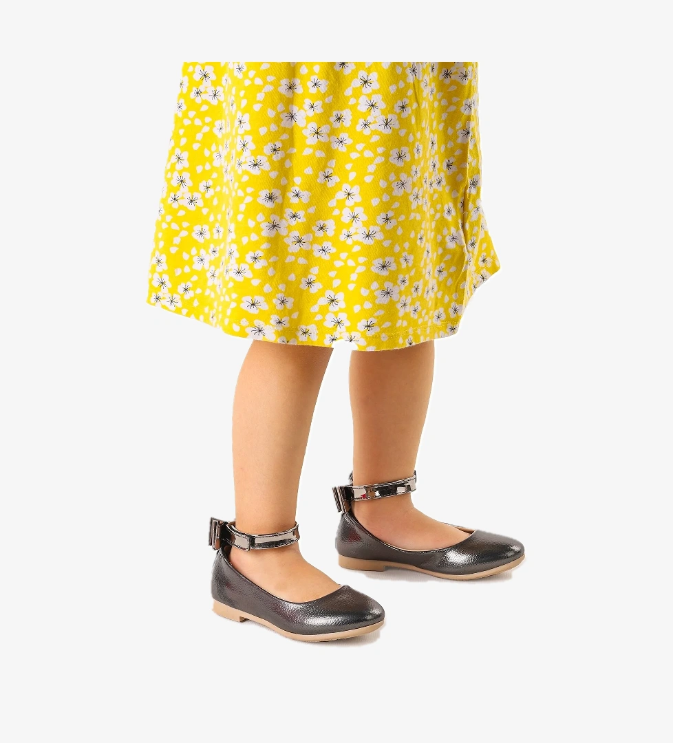 Cırtlı Kız Çocuk Fiyonklu Babet Ayakkabı Ege 205 Vakko Bilekten Bağlamalı Platin