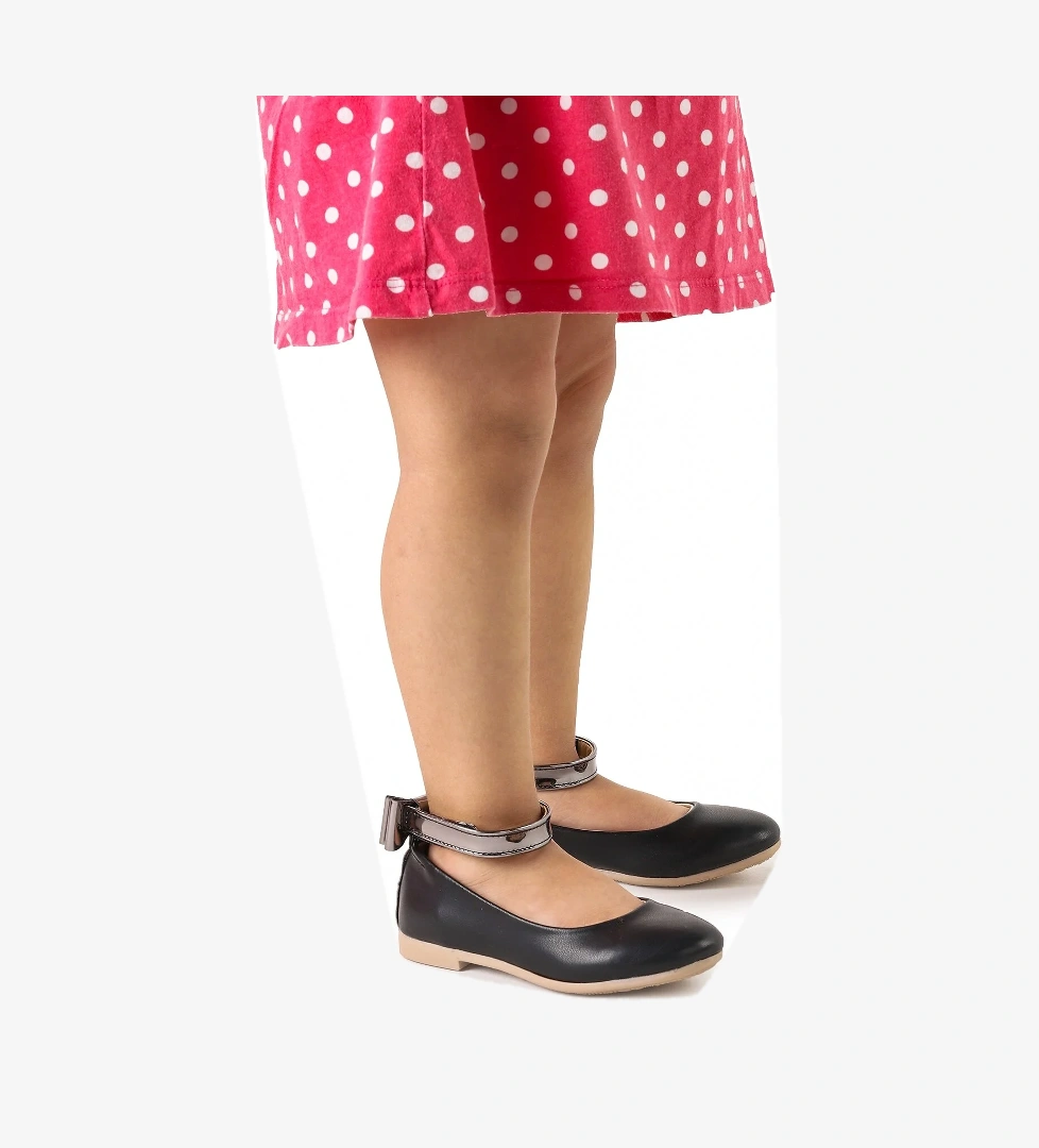 Cırtlı Kız Çocuk Fiyonklu Babet Ayakkabı Ege 205 Cilt Bilekten Bağlamalı Siyah