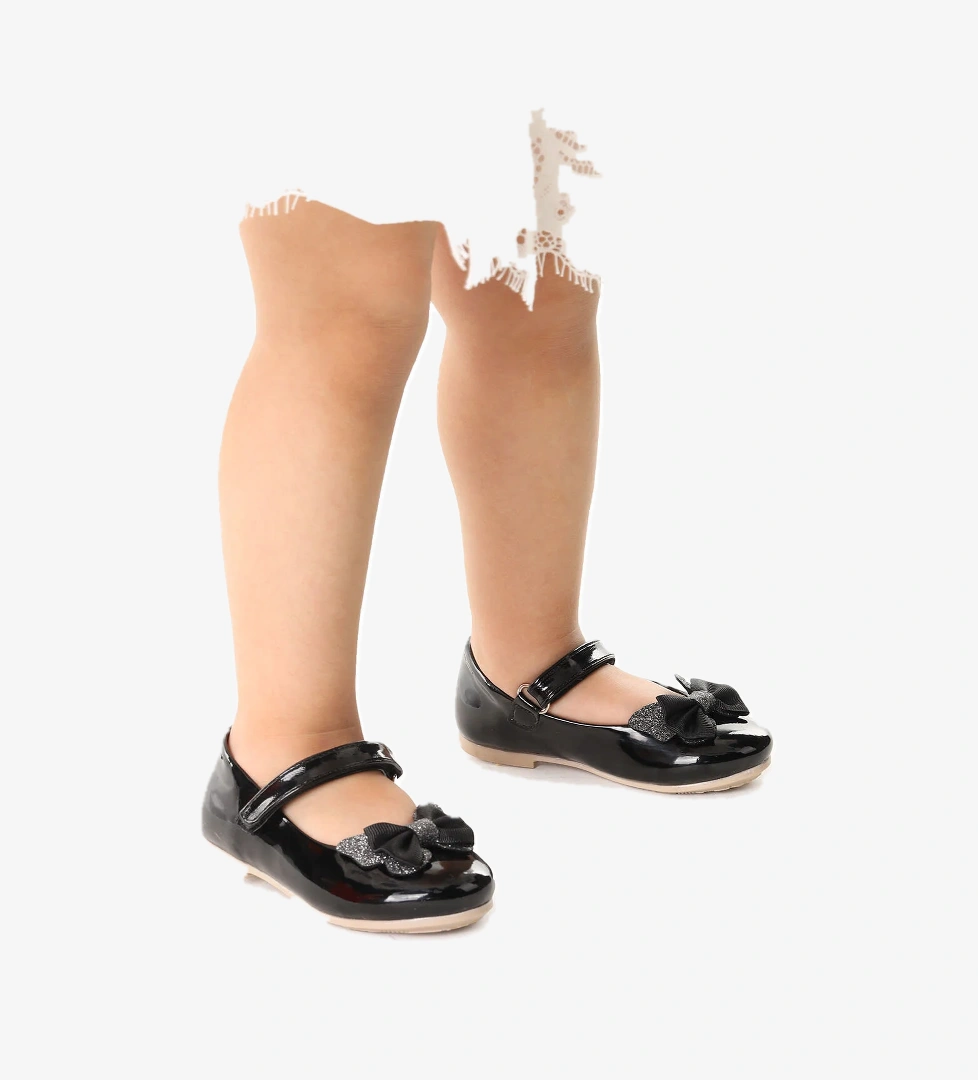 Taşlı Cırtlı Kız Çocuk Fiyonklu Babet Ayakkabı Ege 204 Rugan Siyah