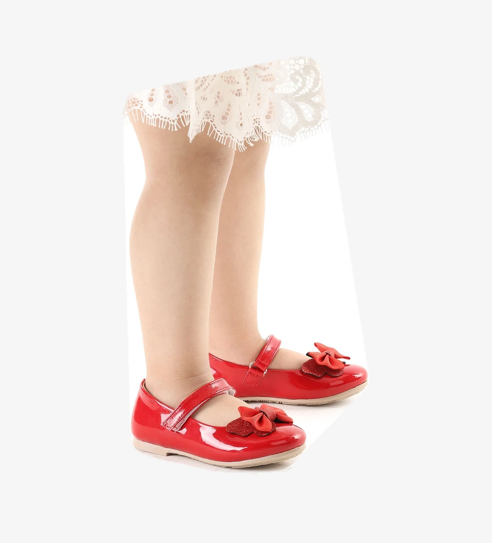 Taşlı Cırtlı Kız Çocuk Fiyonklu Babet Ayakkabı Ege 204 Rugan Kırmızı - Görsel 1