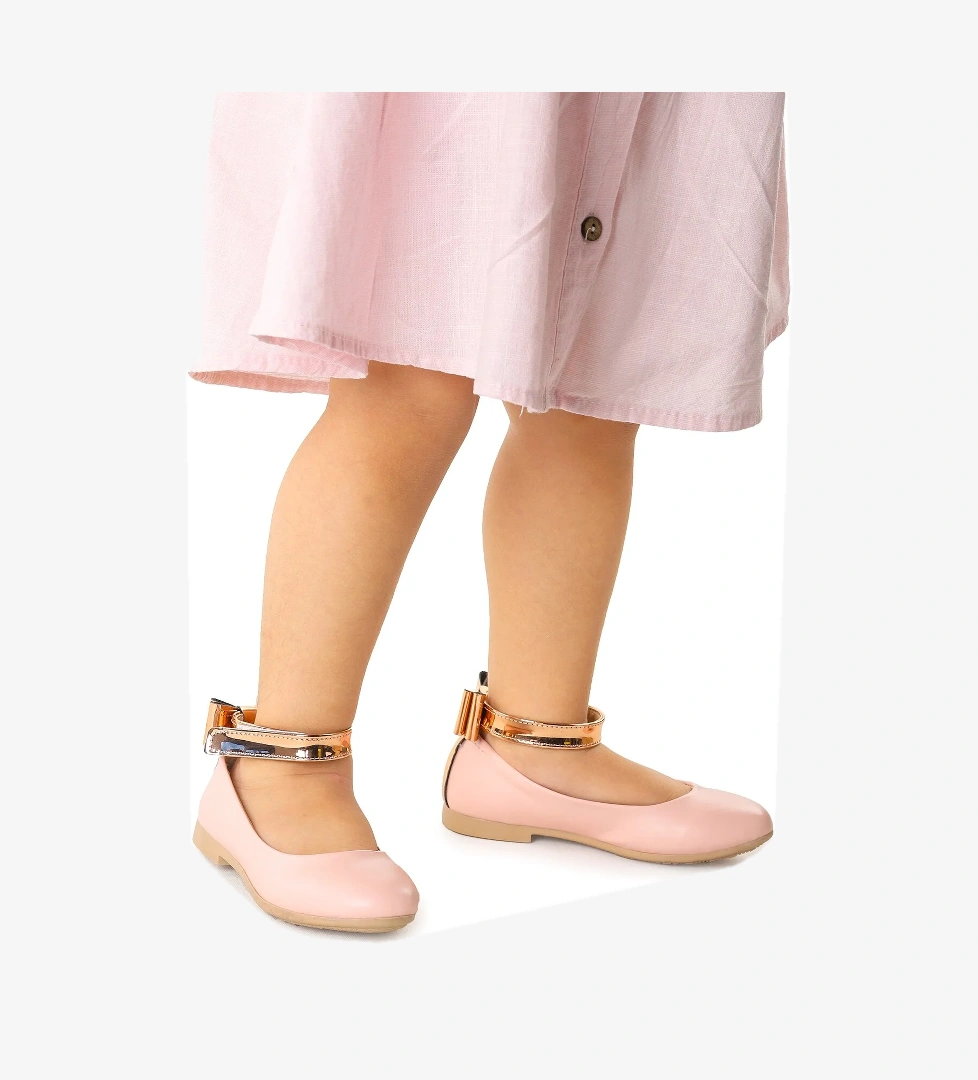 Cırtlı Kız Çocuk Fiyonklu Babet Ayakkabı Ege 205 Cilt Bilekten Bağlamalı Pudra