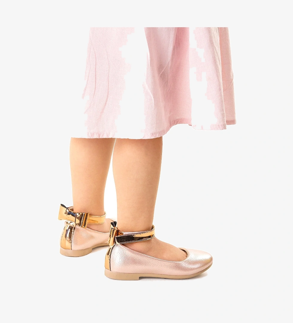 Cırtlı Kız Çocuk Fiyonklu Babet Ayakkabı Ege 205 Vakko Bilekten Bağlamalı Pudra