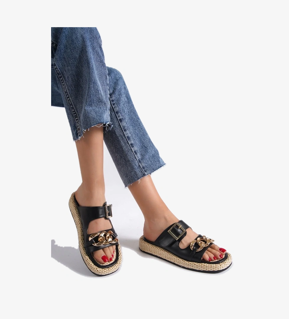 Mambo Zincir Tokalı Siyah Günlük Kadın Hasır Terlik