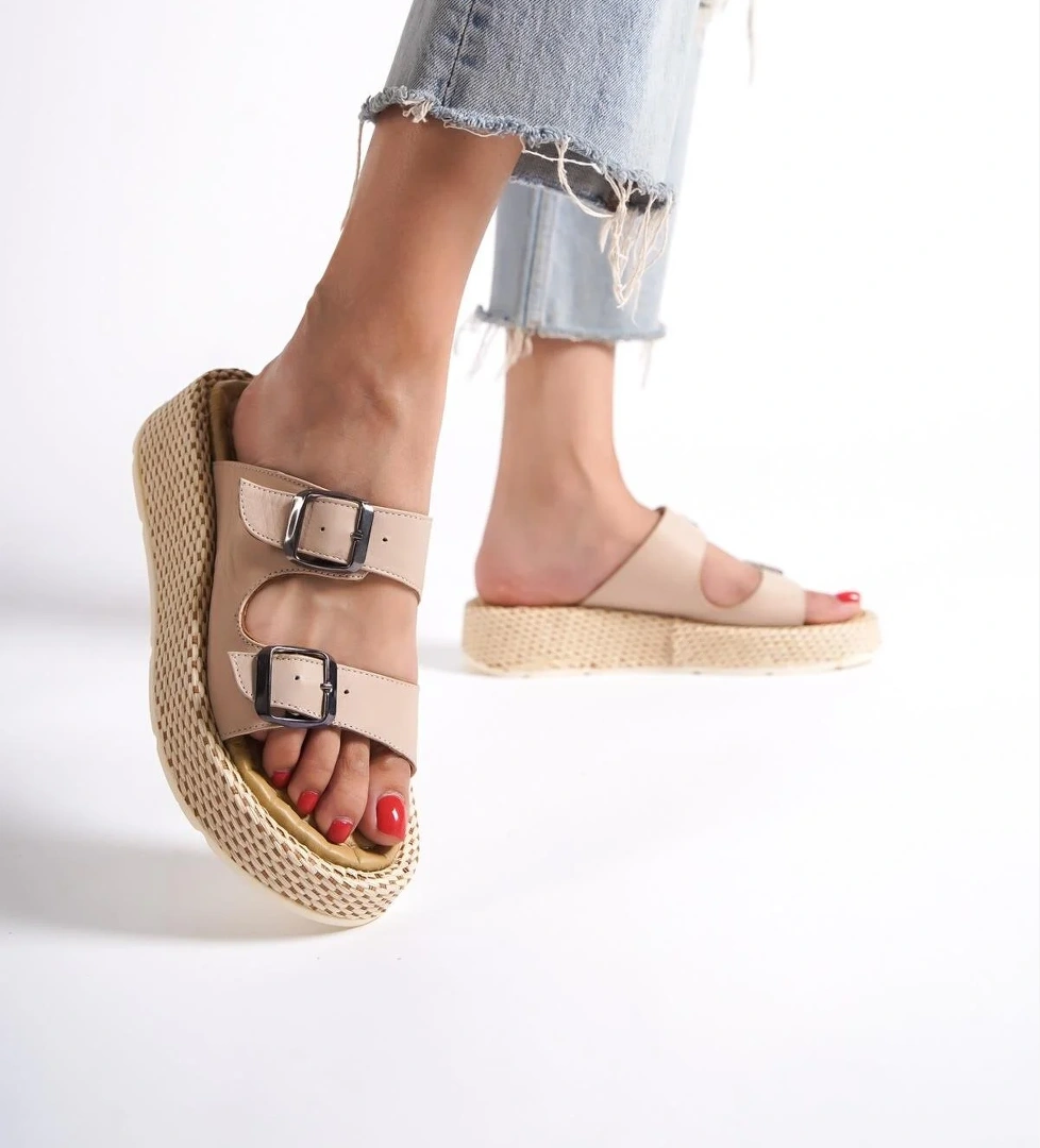 Marta Ten Rengi Hakiki Deri Çift Bantlı Kalın Taban Günlük Terlik