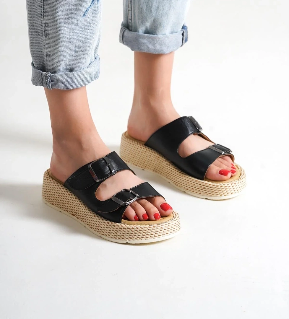 Marta Siyah Hakiki Deri Çift Bantlı Kalın Taban Günlük Terlik