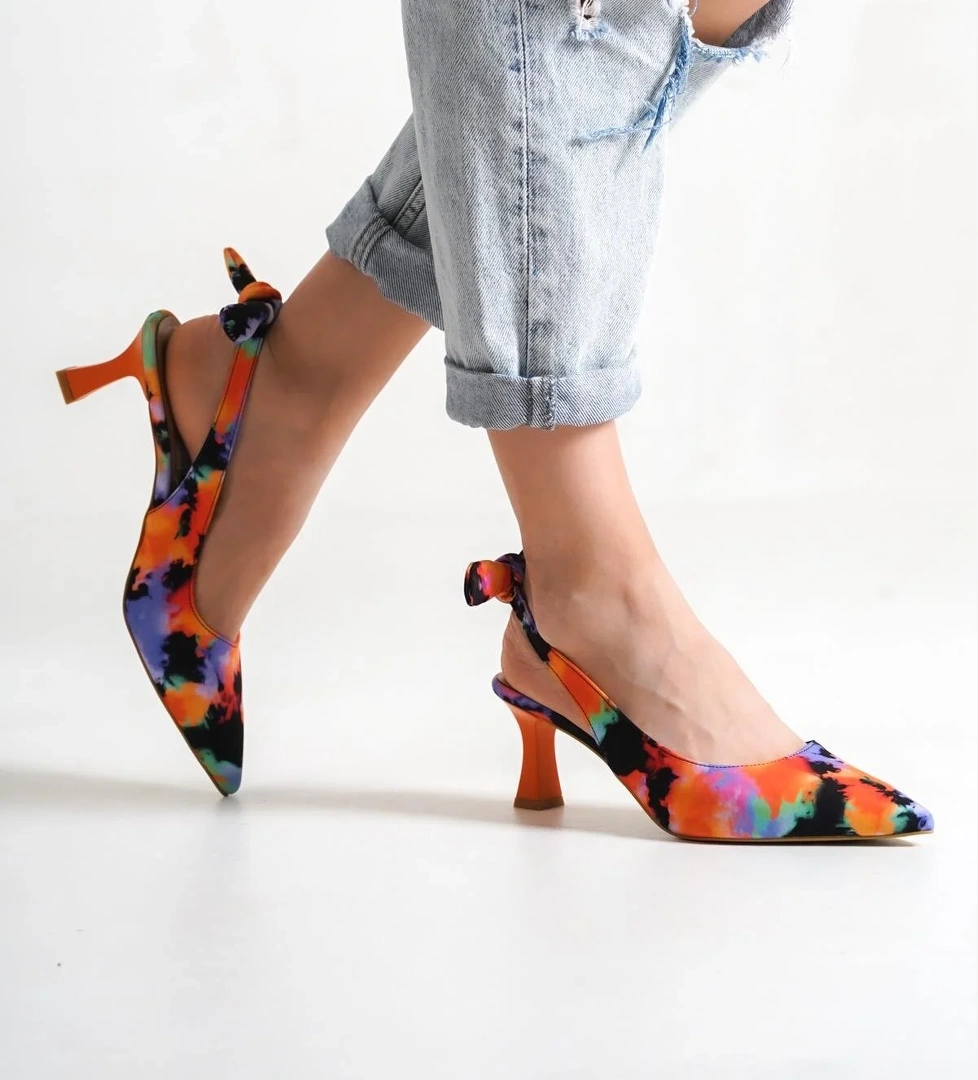 Minipony Turuncu Batik Stiletto Kısa Topuklu Ayakkabı